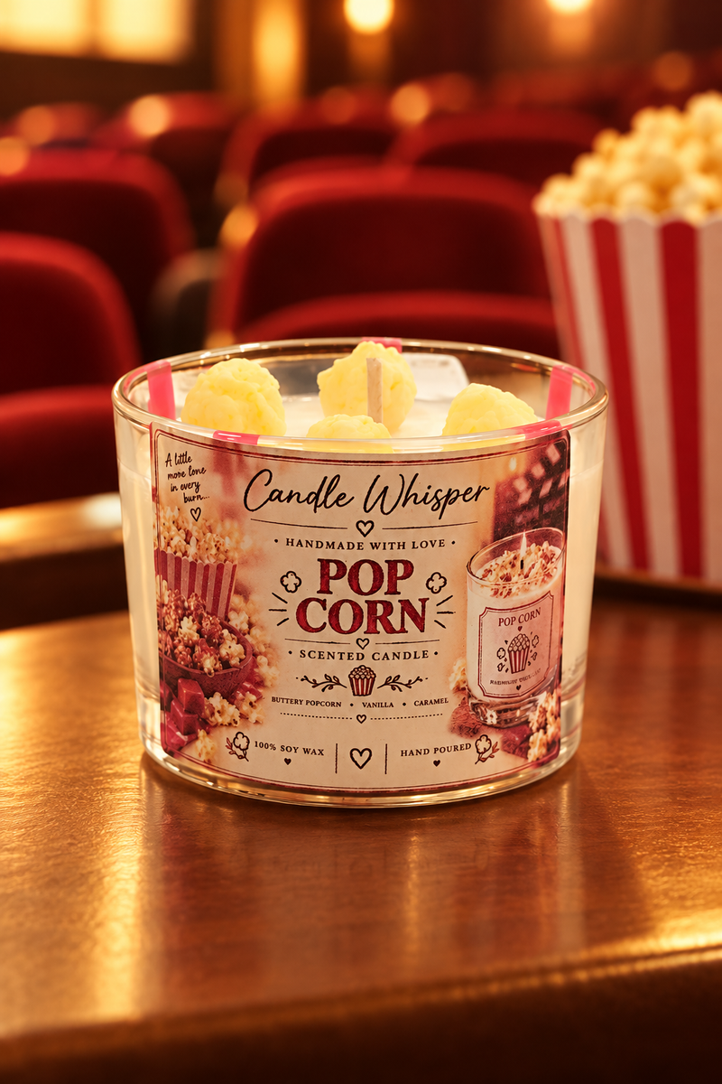 Το κερί Pop Corn με το ίσιο κυλινδρικό ποτήρι σε σινεματικό φόντο